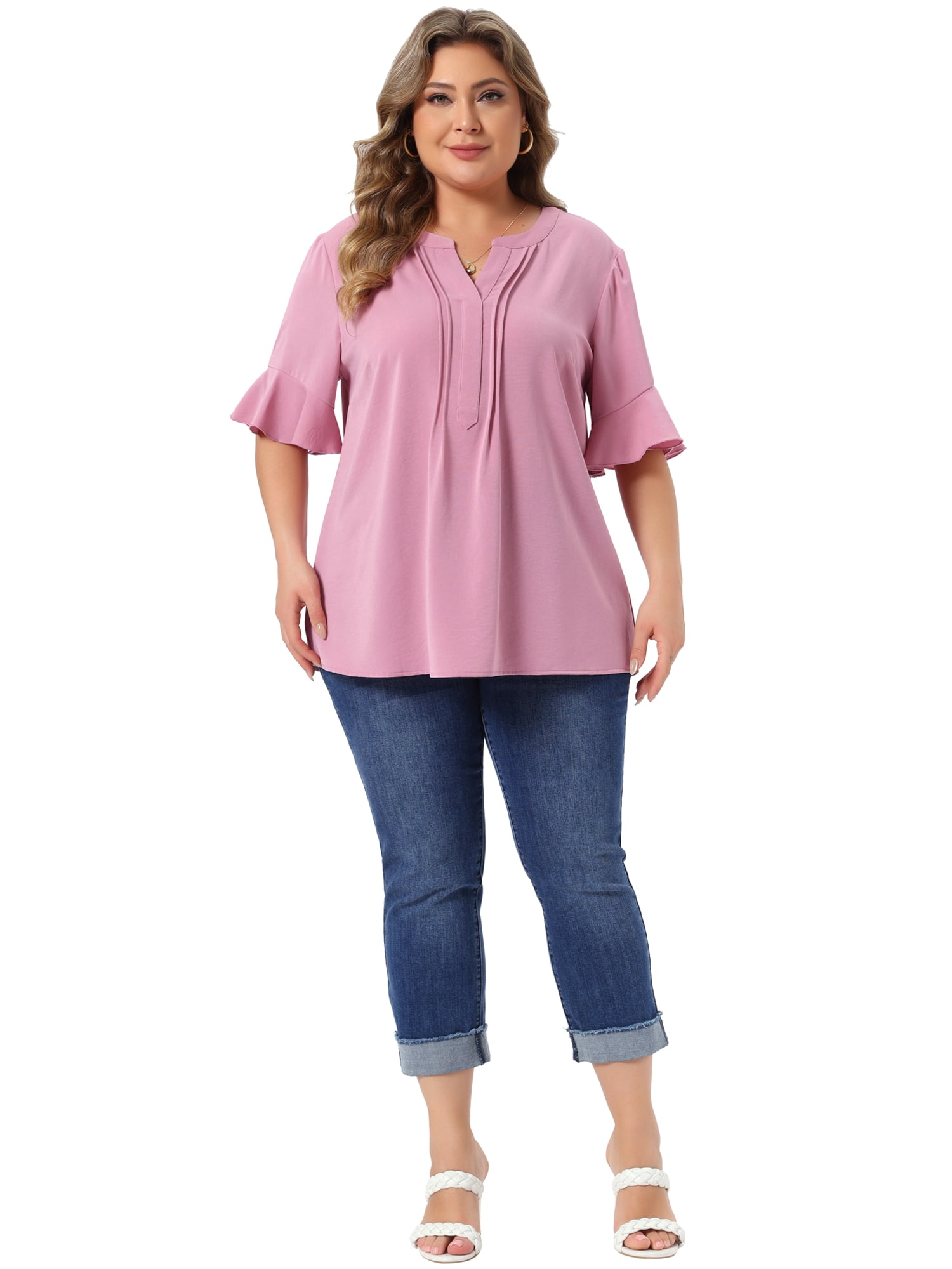 DARING DIVA Women's Plus Soft Top V Neck Ruffle  Casual Chiffon Blouse Shirt 3X Pink