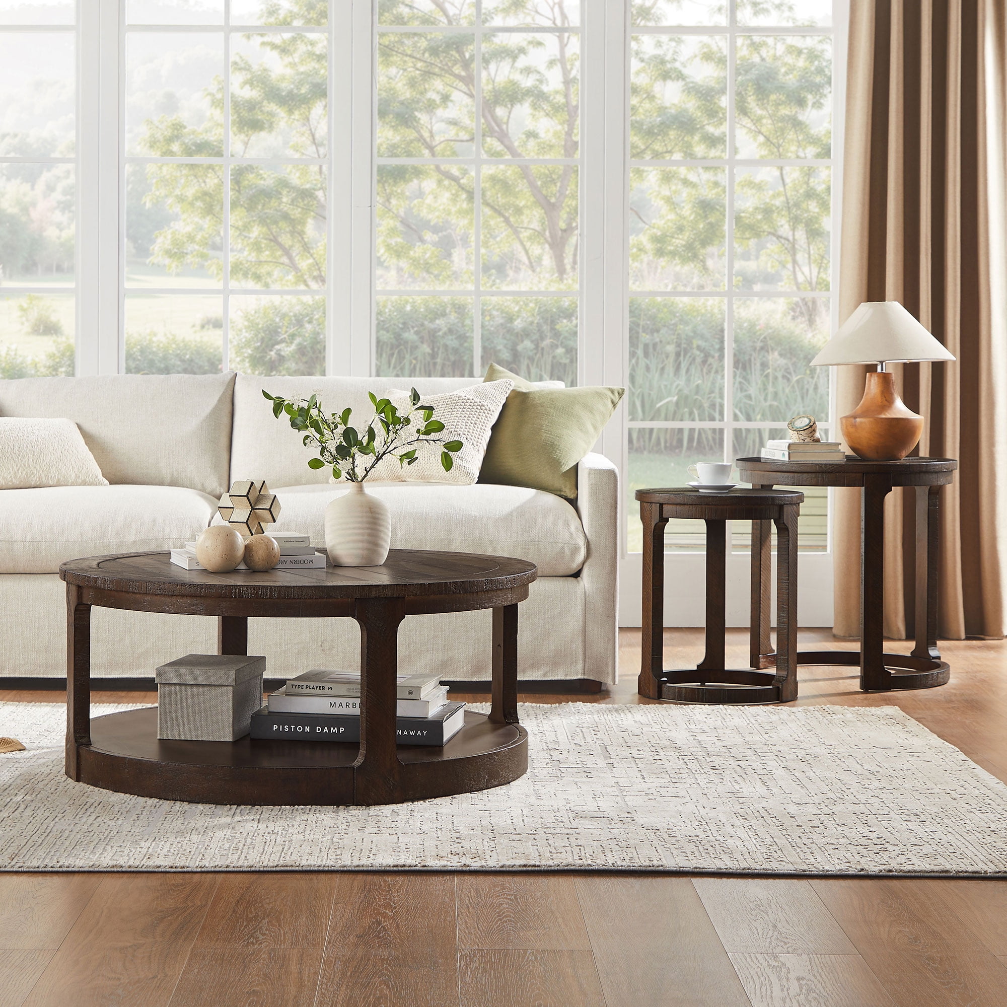 24 Inch Curved Round Coffee Table Set, Mid Century Rustic Style Nesting Side Tables with Staggered Height, Solid Wood and MDF Construction, Dark Brown Finish