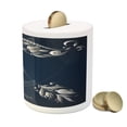 thumbnail image 3 of Zodiac Sagittarius Piggy Bank, Hand Drawn Bow Arrow Motif Leaves Flowers Astrology Sign, Ceramic Coin Bank Money Box for Cash Saving, 3.6" X 3.2", Dark Blue and Grey, by Ambesonne, 3 of 4