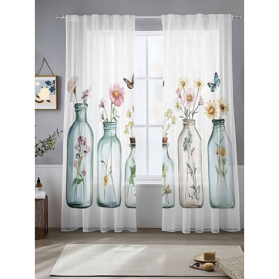 Pastoral Floral Sheer Curtains for Living Room Bedroom Colorful Flowers Butterflies Garden Sheer Curtains 108 Inch Long 2 Panels Set Light Filtering Curtain Window Treatments Drapes for Dining Room