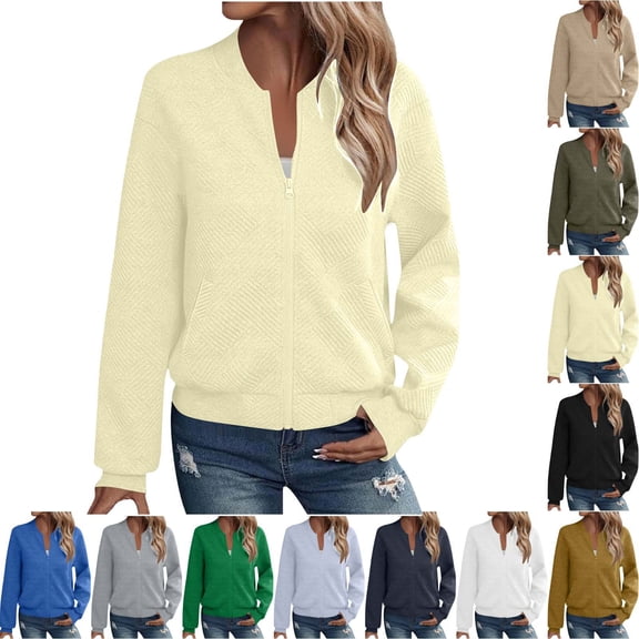Fmbrln Women's Quilted Bomber Jacket Zip Up Stand Collar Jackets Long Sleeve Fall Casual Outerwear with Pockets