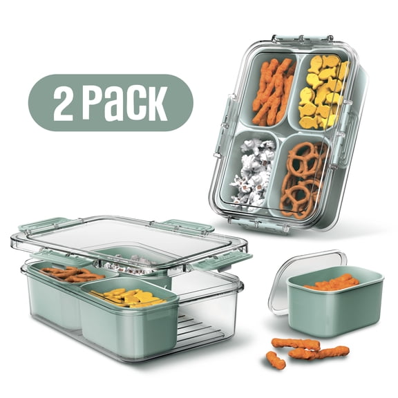 Cook With Color 2-Pack 4-Compartment Mini Snackle Box, Charcuterie and Snack Container, Divided Serving Tray with Lids, Dishwasher Safe, Sage