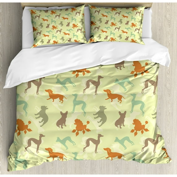 Dog Lover Duvet Cover Set Queen Size, French Bulldog Greyhound Poodle Terrier Silhouette Pure Breed Animals Canine Type, Decorative 3 Piece Bedding Set with 2 Pillow Shams, Multicolor, by Ambesonne