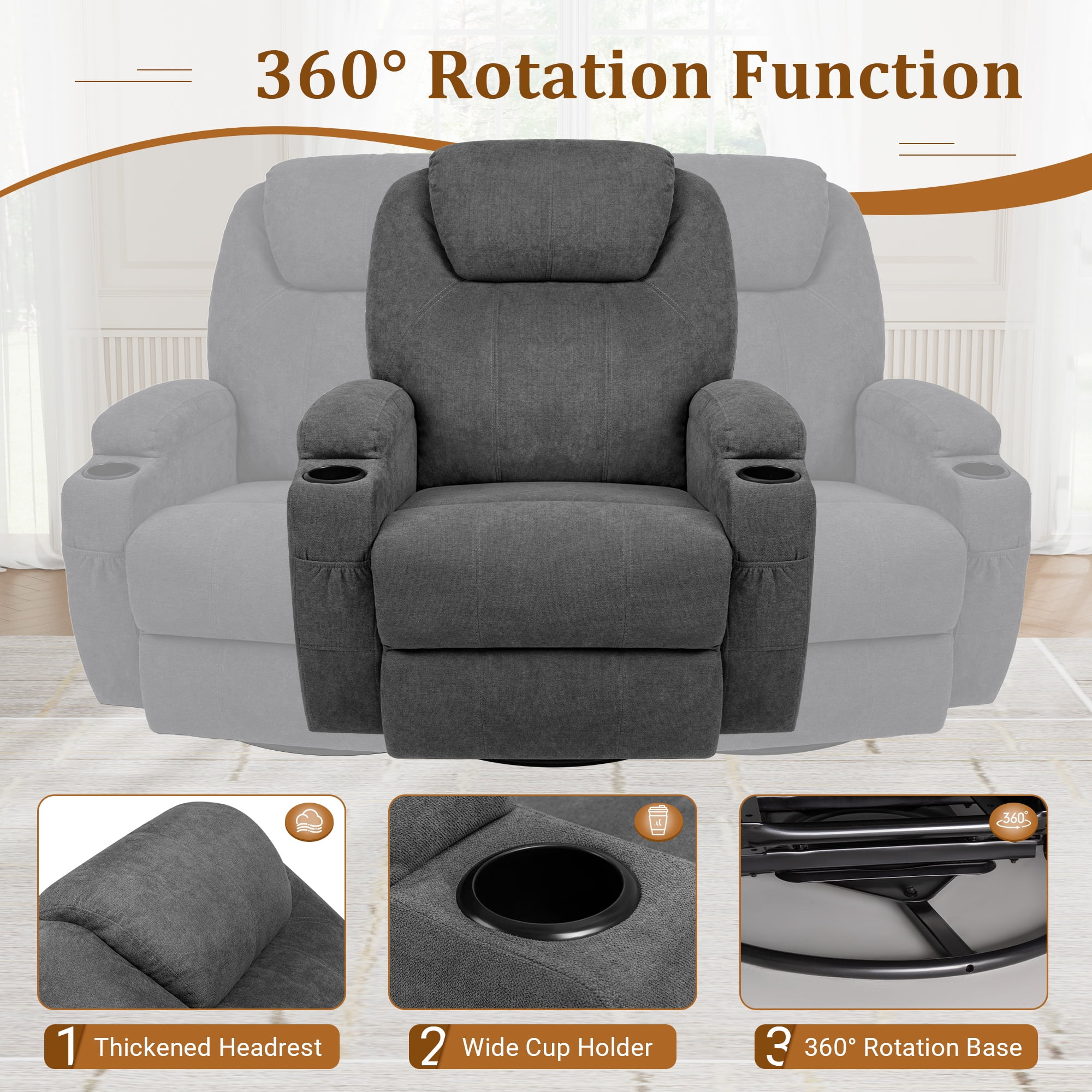 Vineego Recliner,Modern Fabric Rocking Chair with Massage,360 Degree Swivel Single Sofa Seat with Drink Holder