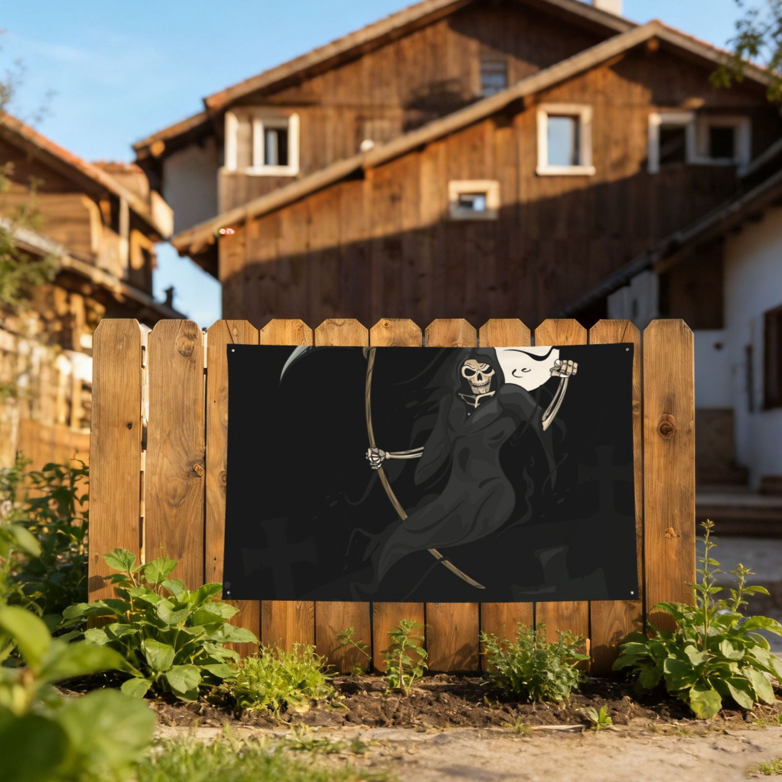 Grim Reaper Skull Moon Four Hole Decorated Banner Flag for Garden Yard Home Decoration Indoor Outdoor 4x6 Ft