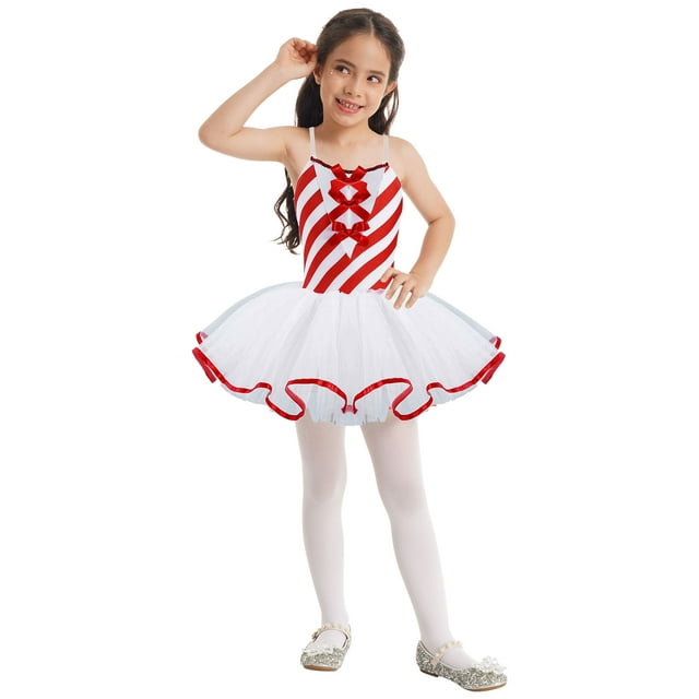 Lejafay Robe de Danse Ballet de Noël pour Filles, Justaucorps Sans Manches à Rayures, Jupe Tutu en Maille, Tenue de Danse de Noël Rouge 12