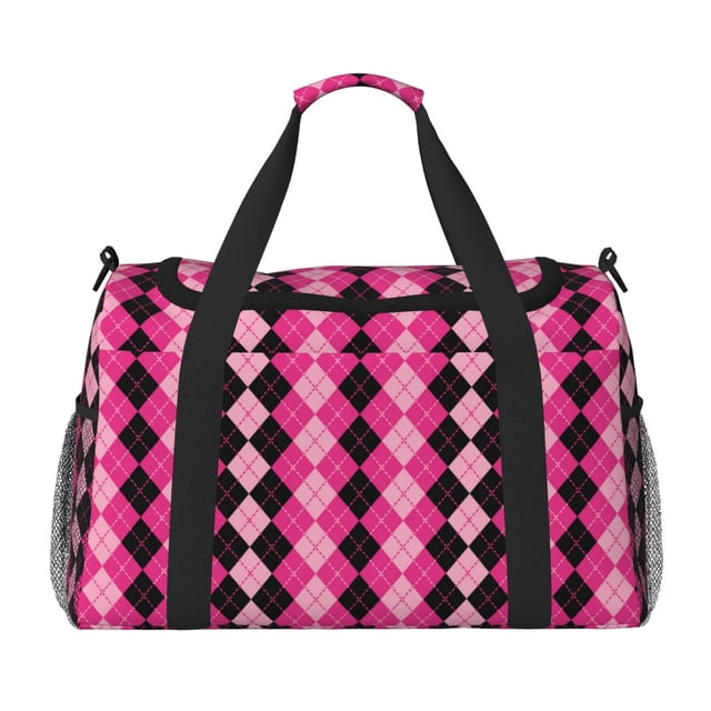 Disketp pink and black argyle Bolsa de Viaje Tipo Duffle, Bolso de Mano para Fin de Semana para Mujer, Bolsa de Gimnasio Ligera para Hombre, Esencial para Viajes