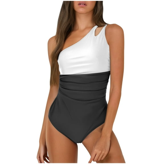 Women's Swimwear One Piece Plus Size Black And White Trim Sleeveless Splicing Swimsuits One Shoulder Double Straps Sleeveless Swimwear