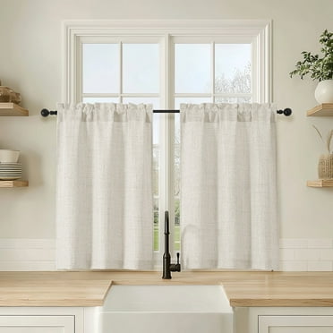OVZME Judy 2 Panels Natural Cafe Curtains 36 Inch Length, Thick Textured Small Kitchen Curtains Over Sink, Short Tiers for Bathroom Basement Cabinet RV Camper, 30x36 Inch, 2PCS