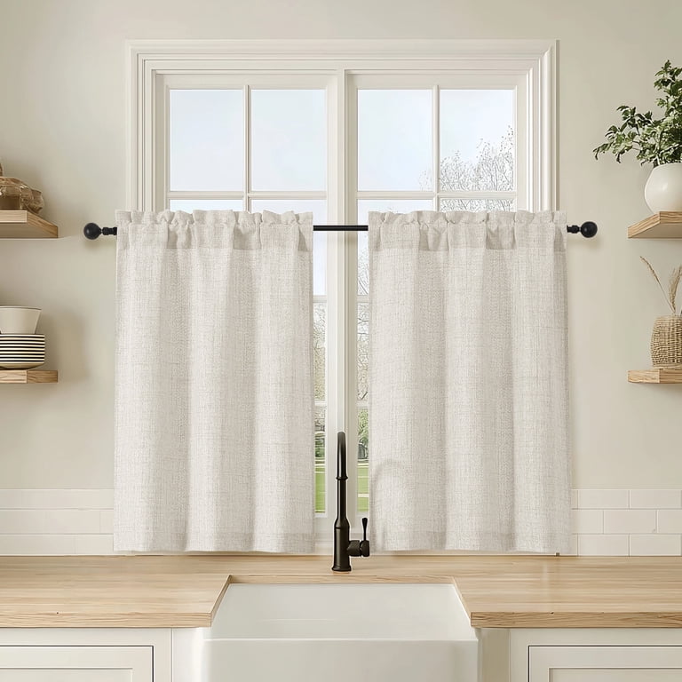 OVZME Judy Natural Faux Linen Cafe Curtains, 30x36, Set of 2 photo 1