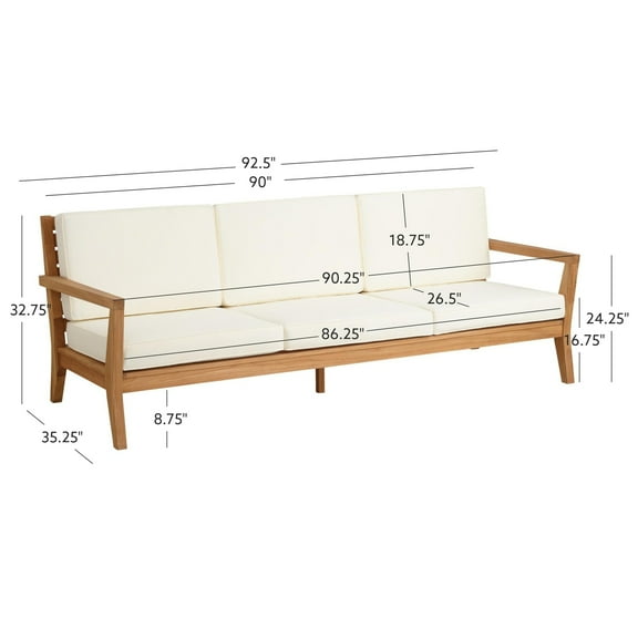 Linon Barlow Solid Teak Outdoor 3 Seat Sofa and UV Resistant Cushions in Natural