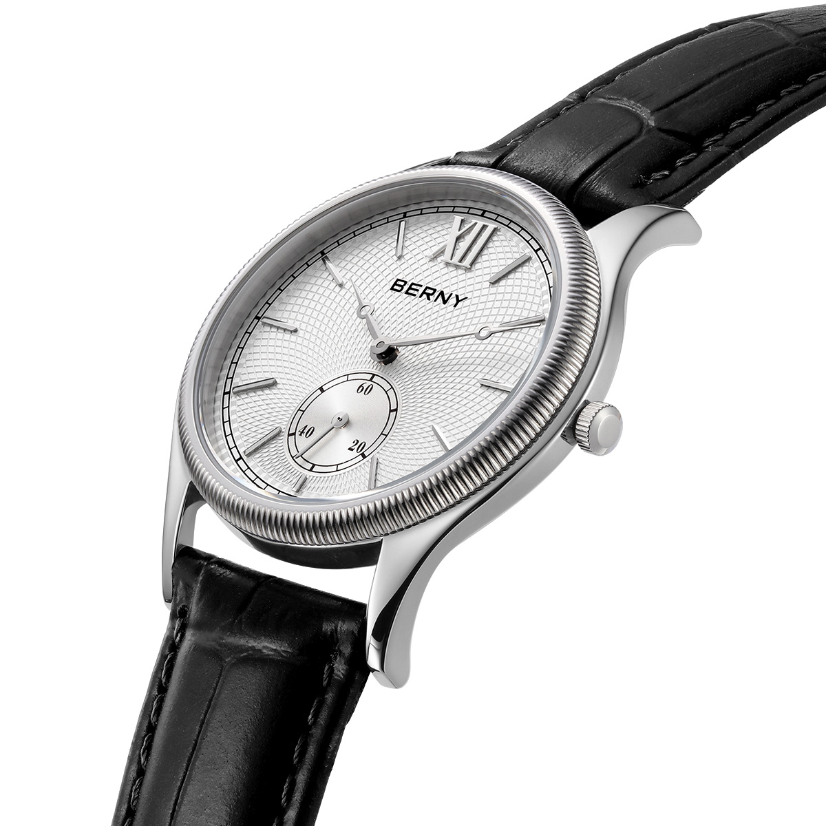 BERNY Silver Watch for Men, Ultra-Thin Minimalist Leather Watch, Stainless Steel Case, Waterproof Analog Quartz Watch, Business Dress Watches with Small Seconds (White)