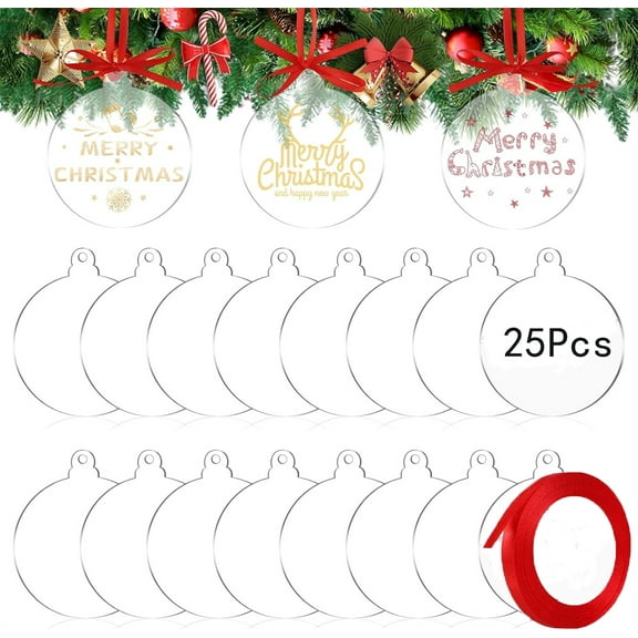Tutuviw 25 Pcs 3 in Christmas Acrylic Ornaments Acrylic Blanks Ornaments Round Discs Transparent Christmas Hanging Decor with Red Ribbon Christmas Tree Tags for Engraving Painting DIY Craft Xmas Decor