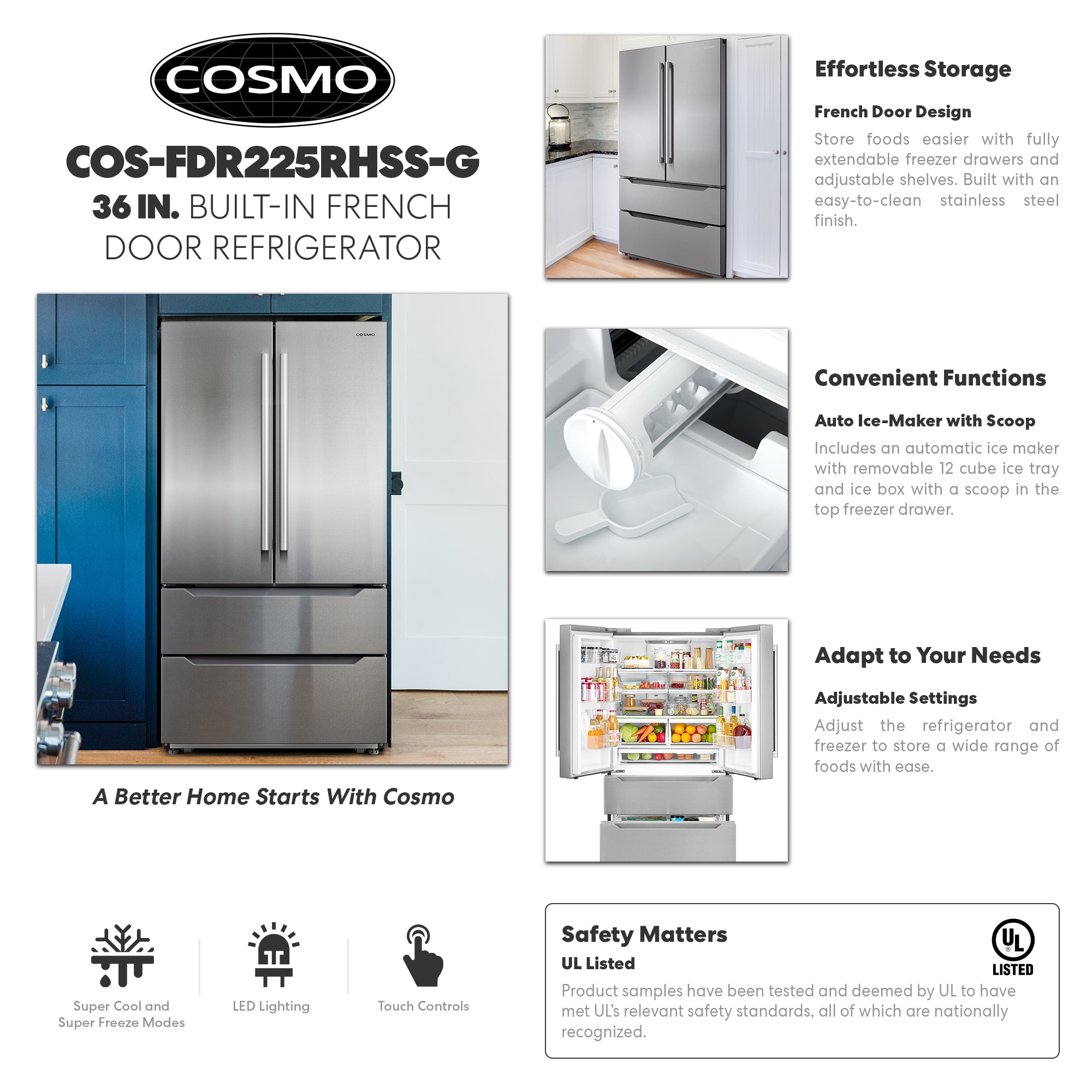 22.5 cu. ft. 4-Door French Door Refrigerator with Handles in Stainless Steel