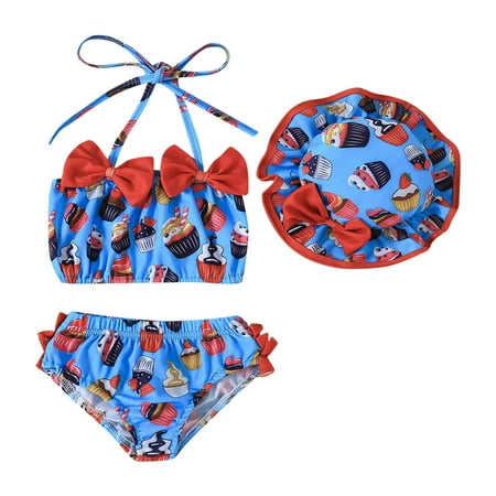YuYuBao Toddler Girls Bikinis Bowknot Cake Print Ruffles Halter Top Bikini Bottoms 2 Piece Swimwear Swimsuit With Hats