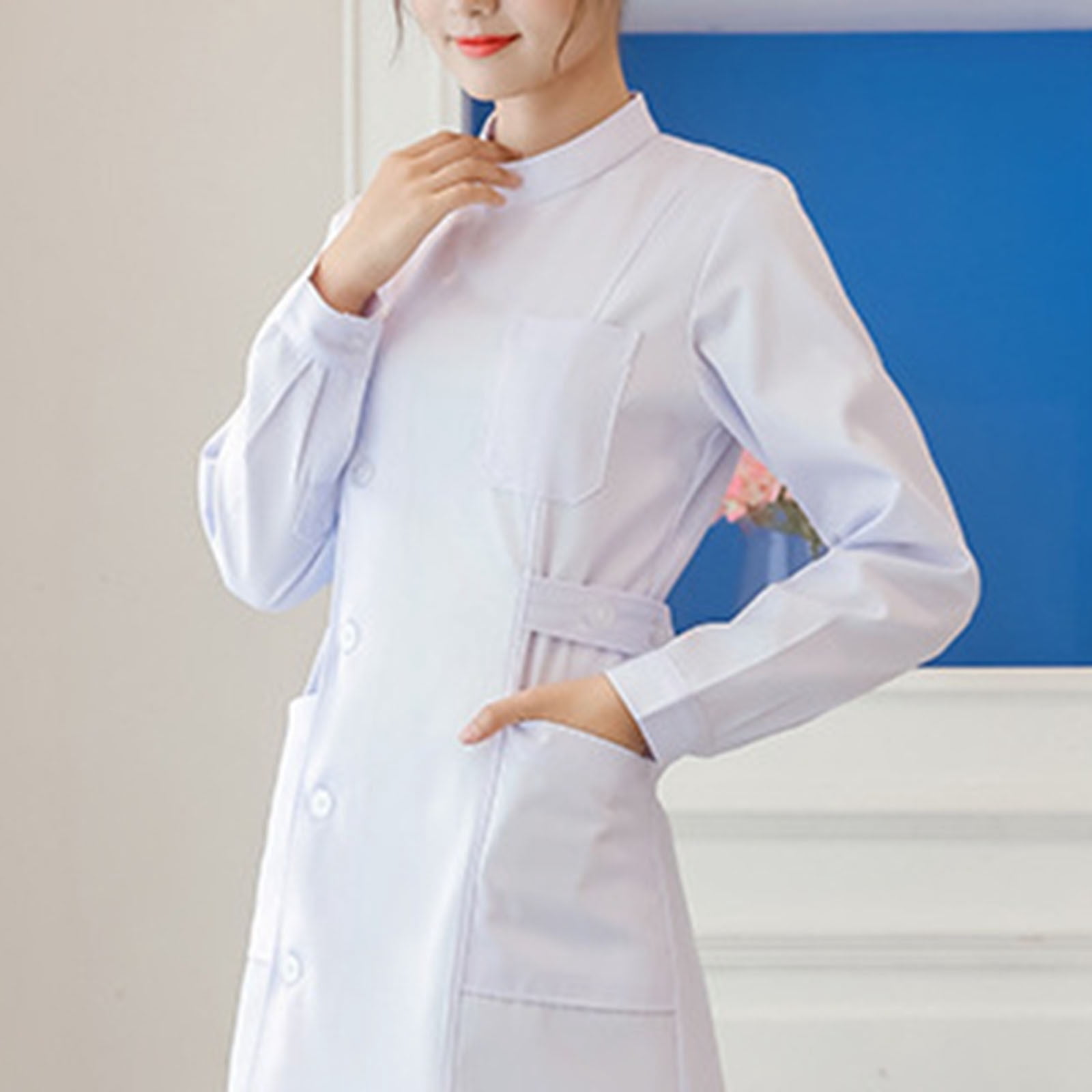 WULMLEO Nurse Scrubs Dress for Women Formal Lapel Neck Long Sleeve Button Down Work Dress Comfy Nursing Uniform White M