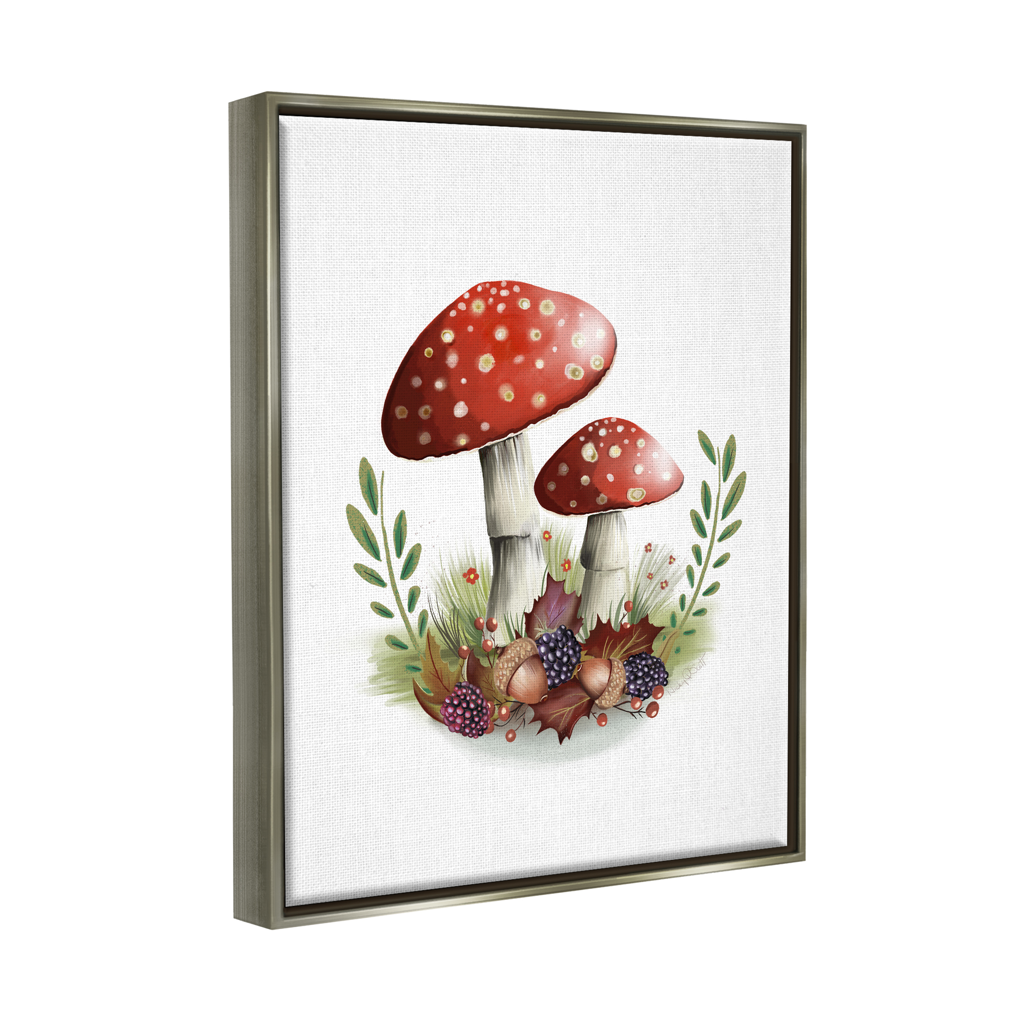 Stupell Industries Red Mushrooms & Acorns Botanical & Floral Painting Gray Floater Framed Canvas Art Print Wall Art, 17 x 21