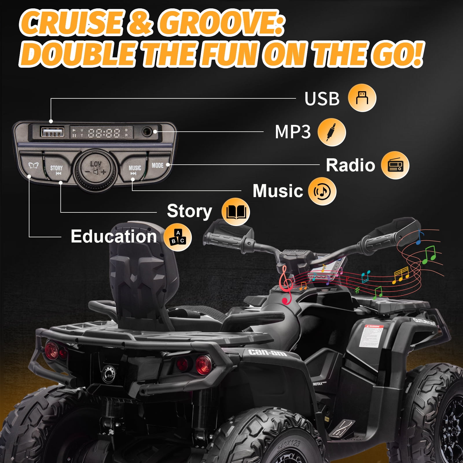 Kerry Yoo SAT5 24V Kids ATV, Licensed Can-am 4 Wheeler for Kids, Children Electric Car,  2 Seats, Parental Handle, Suspension, Safety Belt, Music-Black
