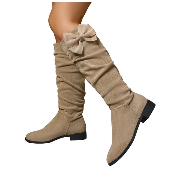 Women's Bowknot Knee High Boots Slouch Suede Bow Low Heels Winter Fall Knee Length Long Tall Boots