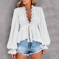 thumbnail image 2 of Ltctricy Peplum Tops for Women Ruffle Long Sleeve Deep V Neck Lace Trim Tie Front Babydoll Shirts High Low Hem Tunic Blouses(White,X-Large), 2 of 7