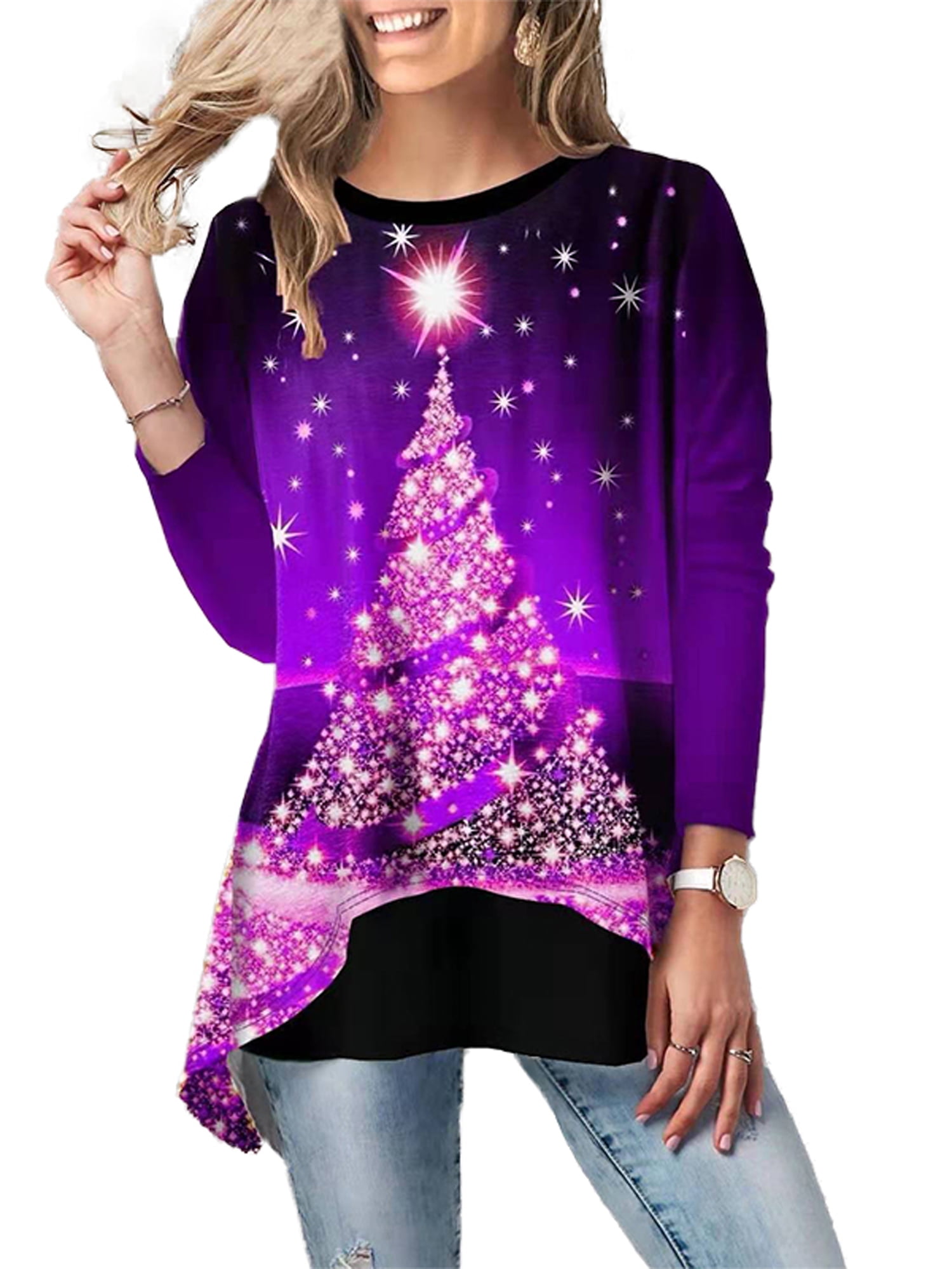 Women's Christmas Plus Size Tops Tunic Loose T Shirts Party Long Sleeve ...