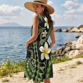 thumbnail image 2 of Garronmavis Matching Beach Outfits for Couples Polynesian Plumeria Polyester Vacation Short Sleeve Shirt for Men Size L and Women's Sleeveless Round Neck Patchwork Dress, 2 of 7