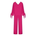 thumbnail image 4 of Fashion 2 Piece Set Women Self Tie Long Sleeve Shirts Pullover with High Waist Wide Leg Pants Pockets Lounge Outfits, 4 of 7