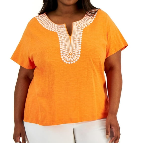 Tommy Hilfiger Womens Printed-Trim Tunic Blouse, Orange, Plus Size, 0X