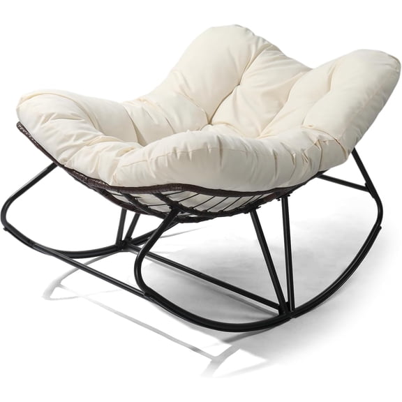 GlowPlume Outdoor Indoor Papasan Rocking Chair, Oversized Papasan Rocker with Cushion, Patio Wicker Comfy Egg Chair for Backyard Bedroom Living Room Lounge Reading (Beige)