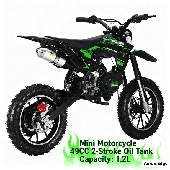 AurumEdge Motorcycle, 49CC Kids Dirt Bike, 2-Stroke Gas Powered Bule Off Road Dirt Bike for Kids, Max Load 150 Lbs, with Shock Absorption Pocket Motorbike Green