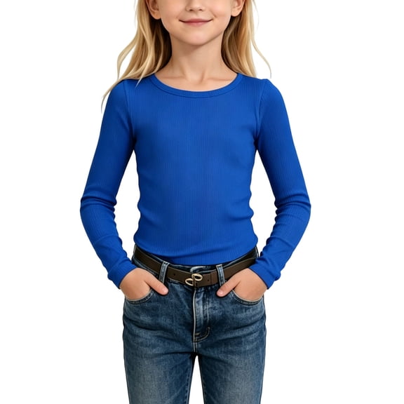 WRKEKC Girls Long Sleeve Shirts Solid Color Ribbed Round Neck Slim Fit Stretch Top Casual Fall Winter for 5-13 Years