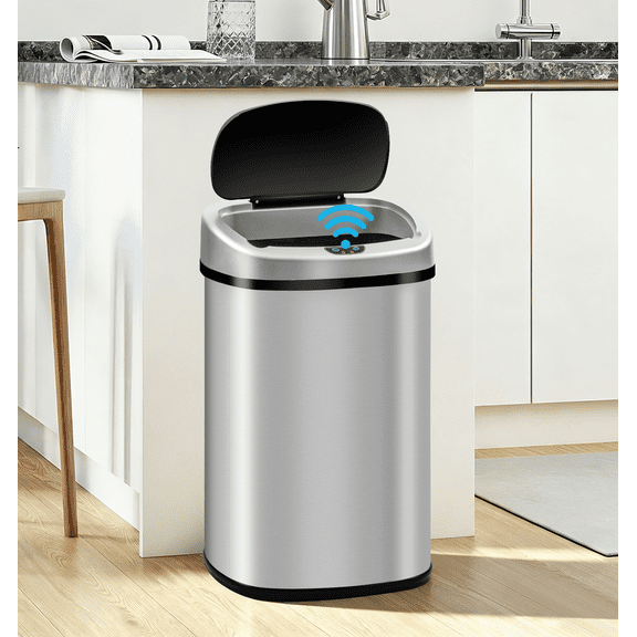 BIQWBIC 13 Gallon Automatic Trash Can, Touchless Stainless Steel Kitchen Garbage Can, Silver