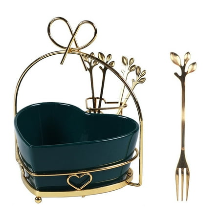 

Ceramic Fruit Plate Heart-Shaped Gold Stand Plate Household Tableware Cute Fruit Bowl with Forks Holder(Green)