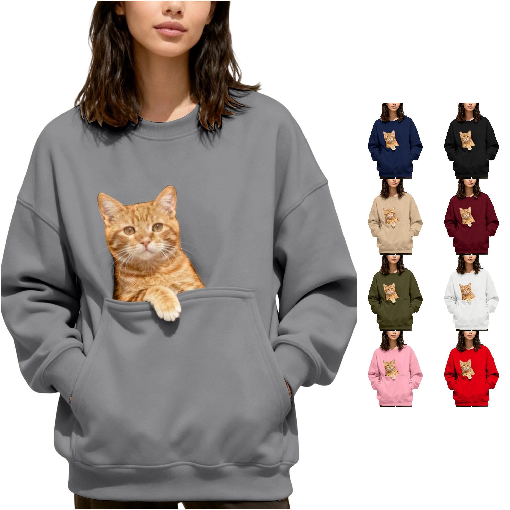Zijinkuiwen Women Pet Pouch Crewneck Sweatshirt Soft Fleece Long Sleeve Pullover Top for Small Cats Kittens Daily Wear Outdoor Walking Travel,Grey,M