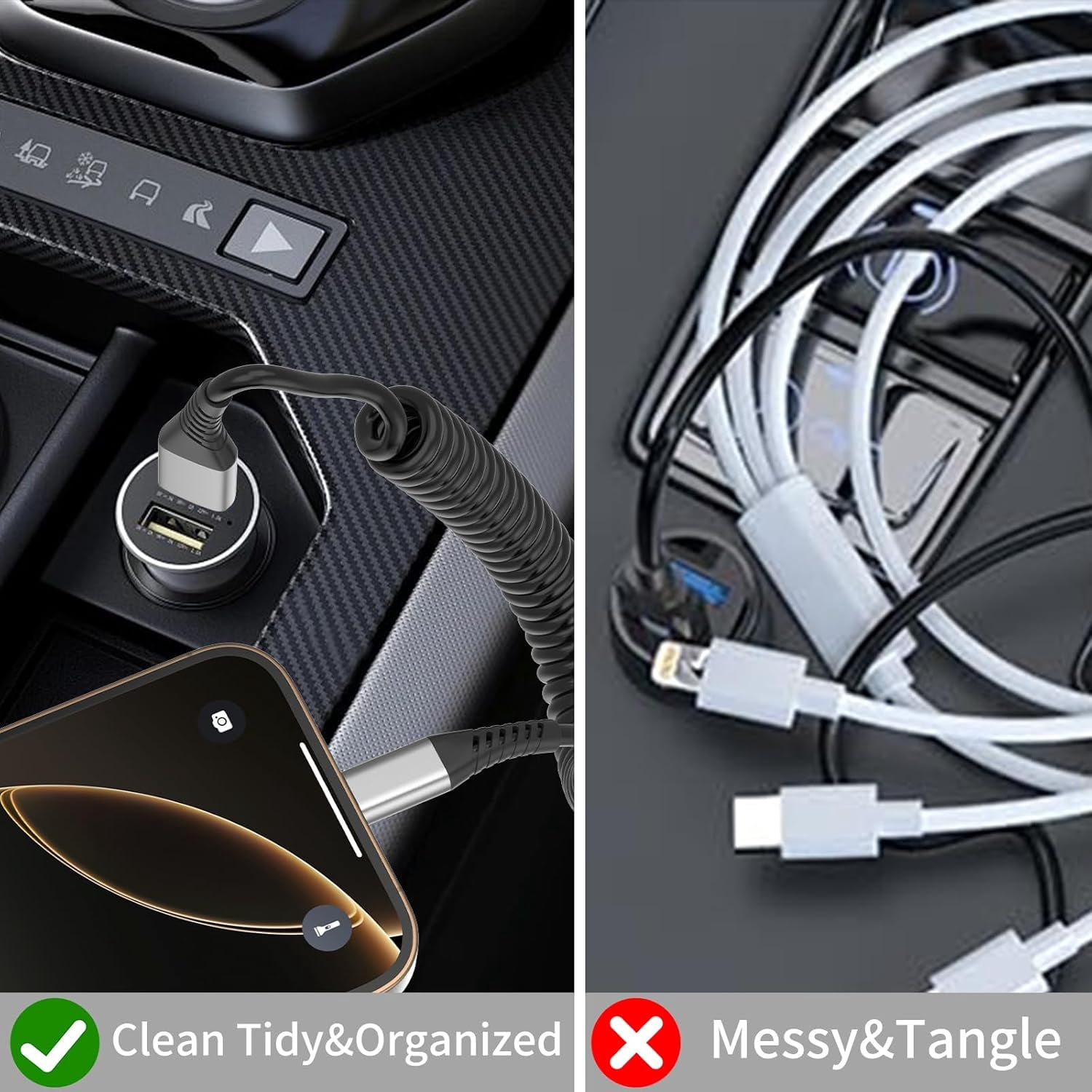 MHAWBL-Coiled Carplay Car Charger, 2Pack 3ft USB A to USB C Car Cable for Android Auto CarPlay, Fast Charging Coiled USB C Cable for iPhone 17 16 15 Samsung Galaxy S25 S24 S23