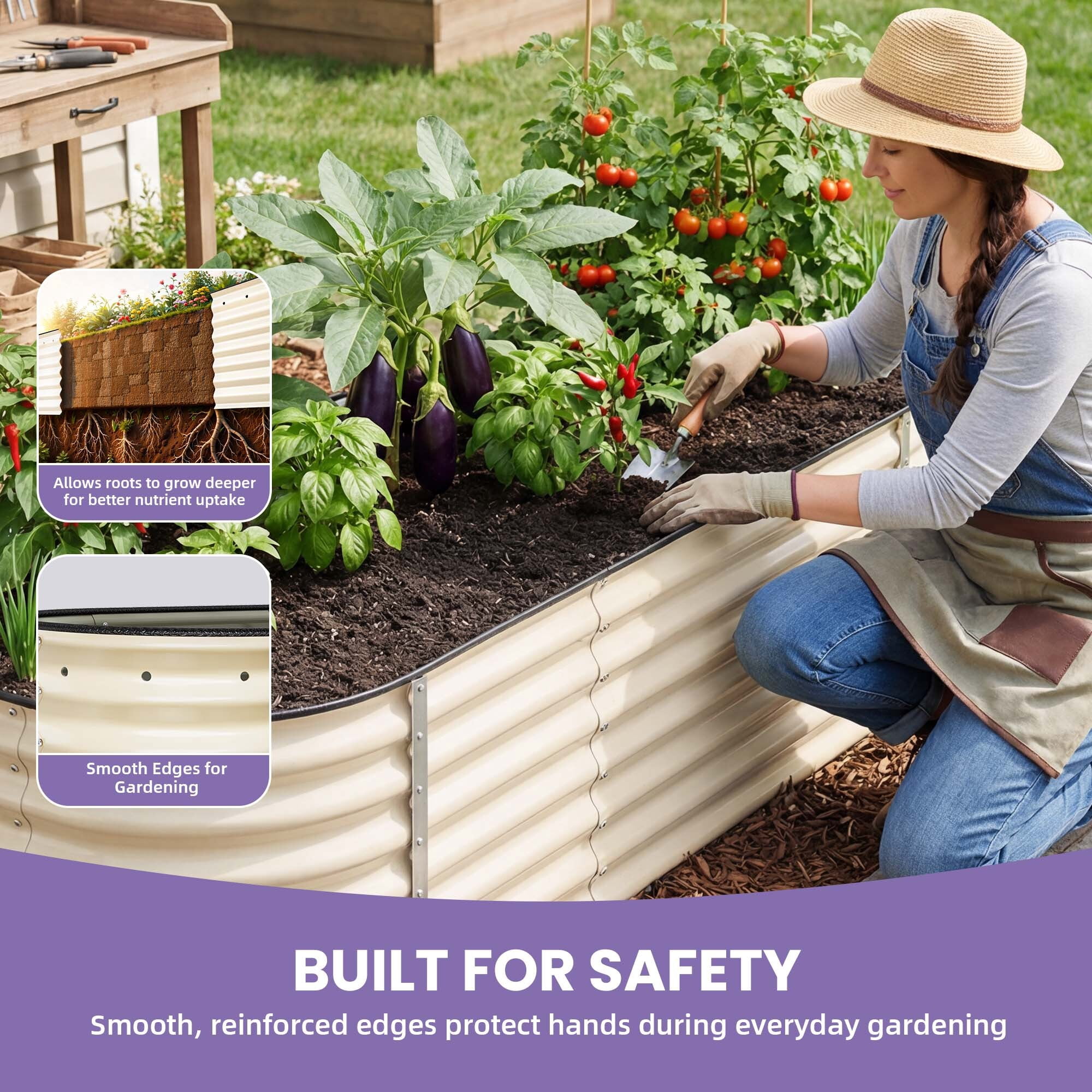 Uforic 8x2x2ft 24" Tall 9 in 1 Large Galvanized Metal Raised Garden Bed Kit,  Outdoor Above Ground Planter Box with Gloves and Safety Rubber for Vegetables Flowers Plants,Cream White