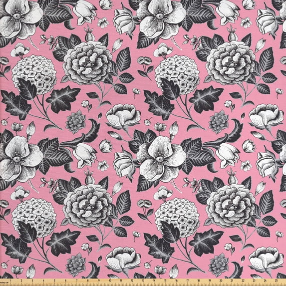 Floral Fabric by the Yard, Vintage Big Garden Flowers with Leaves Tulips Buds Art Sketchy Image, Decorative Upholstery Fabric for Sofas and Home Accents, Coral Black and White by Ambesonne