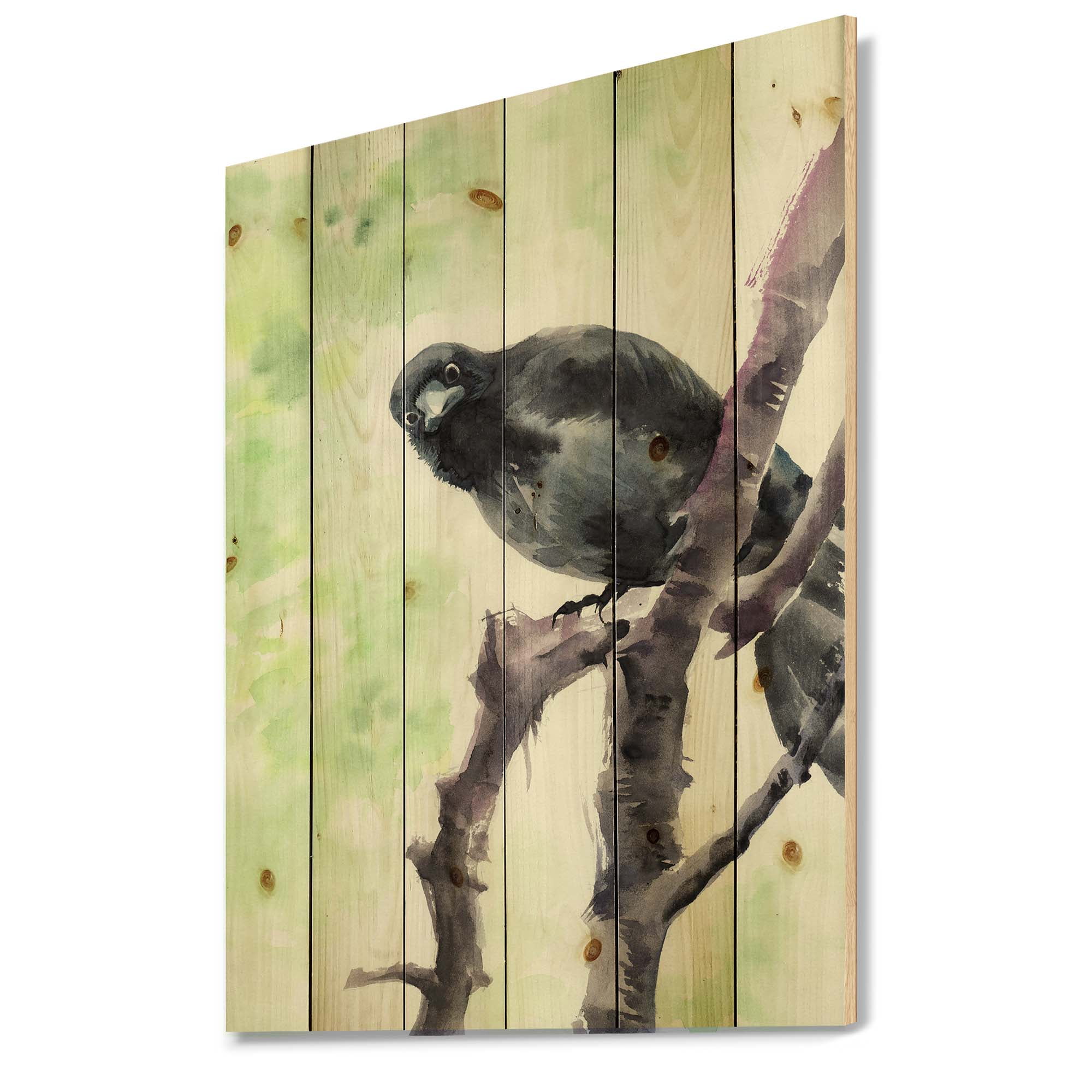 Designart 'Curious Crow Sitting On A Branch' Traditional Print on Natural Pine Wood