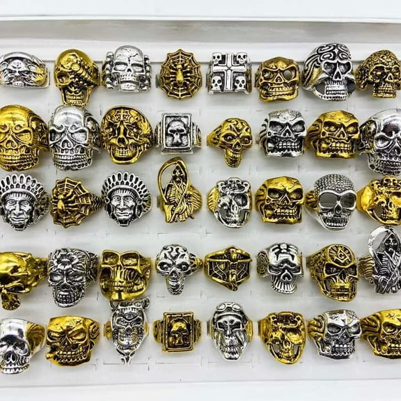 HOOUN 50pcs Mix Lots Skull Silver/Gold/ Men's Rings Jewelry Biker Punk Ring Xmas Gifts