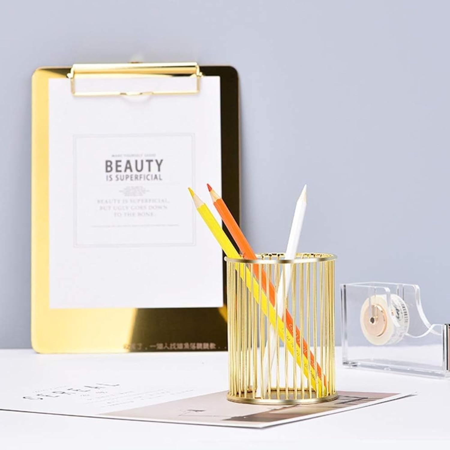 ABPETE Pencil Cup,Pen Holder, Wire Metal Pencil Holder, Decorative Desk Storage Organizer Container for Stationery and Desk Accessories (Gold 1,1-PACK)