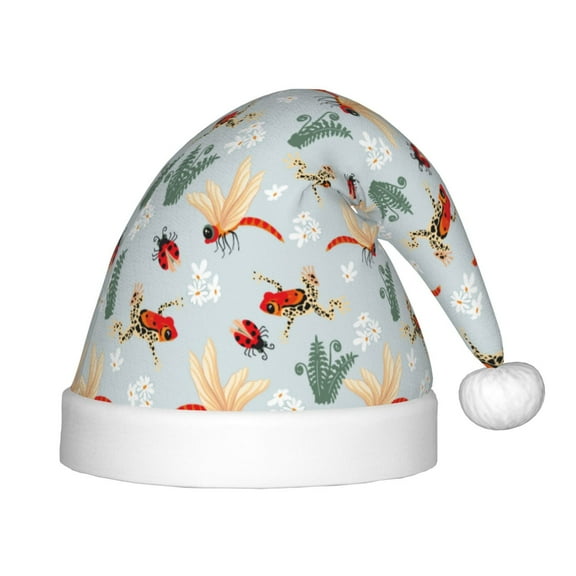 Fuzoiu Ragonfly And Ladybug Print Santa Hat Christmas Hat for kids,Santa Hats with Pompom, Unisex Xmas Holiday Hat for Christmas New Year Festive Party Supplies