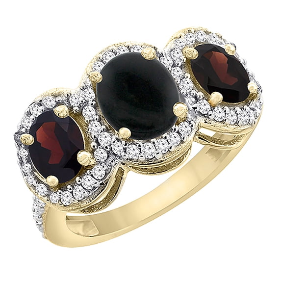 10K Yellow Gold Natural Black Onyx & Garnet 3-Stone Ring Oval Diamond Accent, size 10