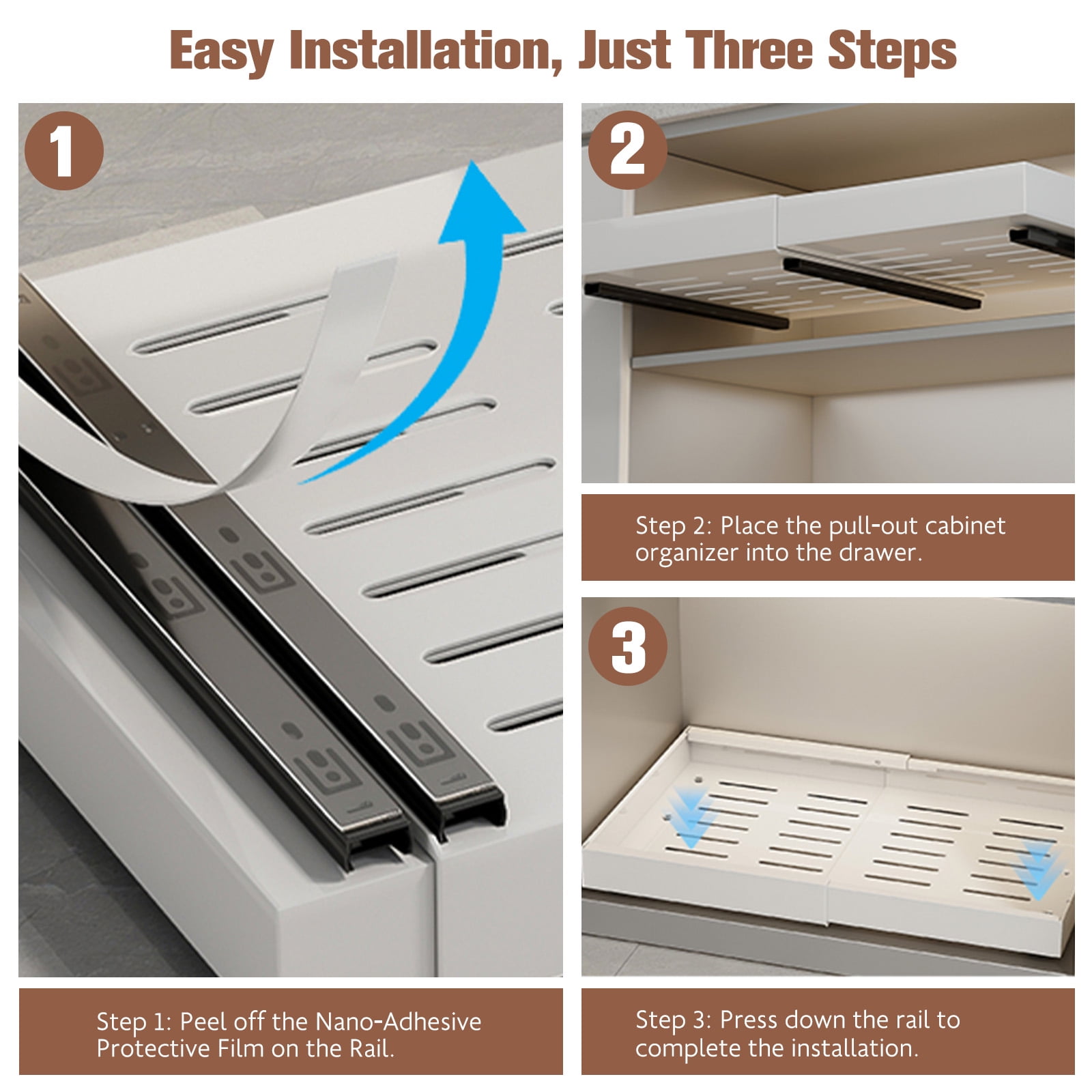 Expandable Pull-Out Cabinet Organizer with Adhesive Nano Film Fixed Slide out Drawers Under Sink Pull-Out Home Organizers Adjustable Length 12.5"-20.5" for Kitchen Cabinets(White)