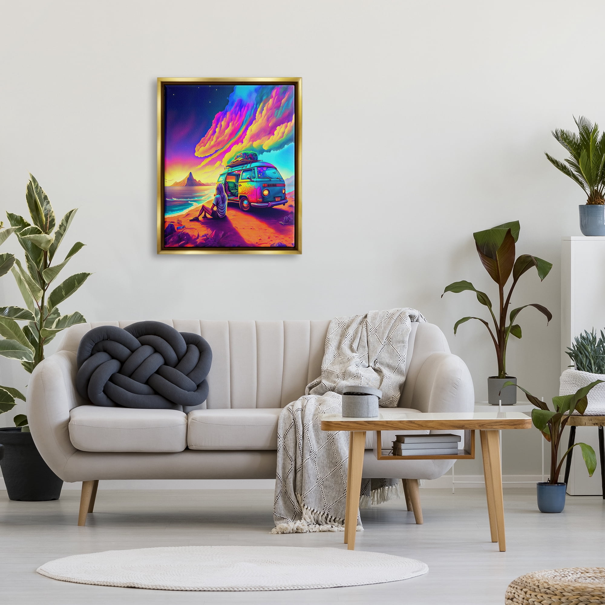 Stupell Industries Vacation Van on Beach Landscape Painting Gold Floater Framed Canvas Art Print Wall Art, 25 x 31
