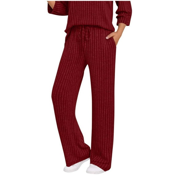 UAMVSH Ribbed Knitted Pants for Women Trendy Lightweight Fall Loungewear Pants with Pockets Soft Athletic Wide Leg Pants(X-Large,Wine)