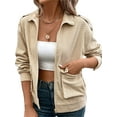 thumbnail image 4 of Women Cropped Jacket Zip Corduroy Shacket Jackets Casual Plaid Long Sleeve Crop Jackets Khaki L, 4 of 9
