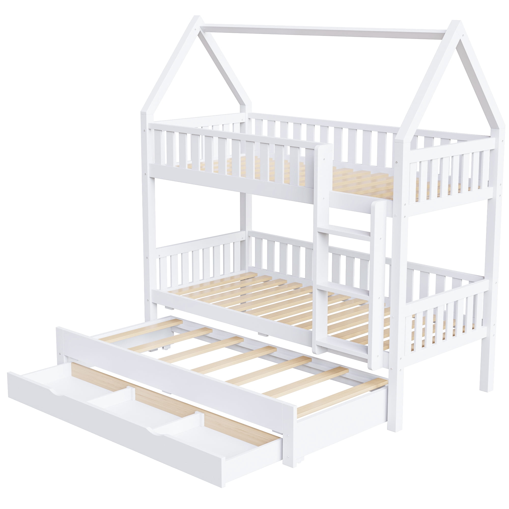 Mintazer Twin Over Twin House Bunk Bed with Trundle & 3 Drawers, Kids Bunk Bed Frame with Ladder, White