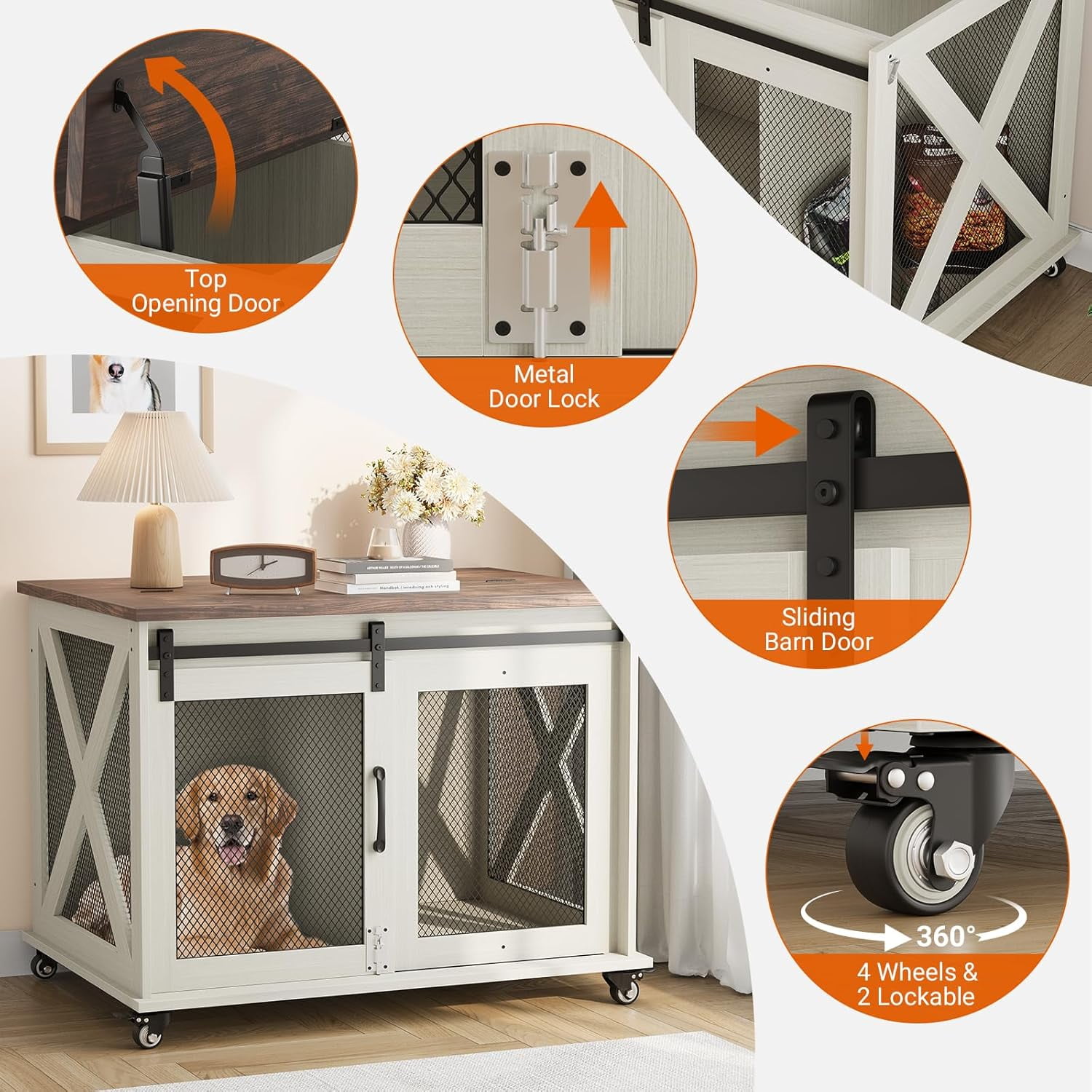 Studyset Dog Crate Furniture with Flip Top, 37" Dog Cage Furniture with Sliding Barn Door, Wheels and Removable Divider, Furniture Style Dog Crate Table, Indoor Dog Kennel for Large Dogs
