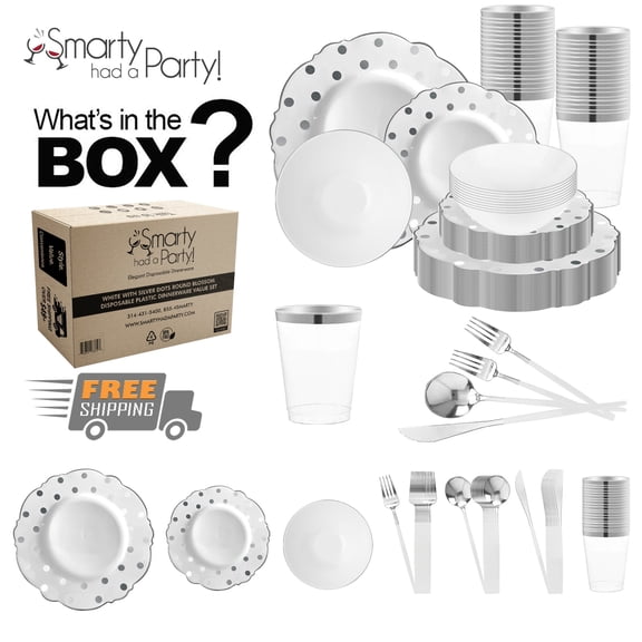 Smarty White with Silver Blossom Dots Disposable Plastic Tableware Set (60 Guests)