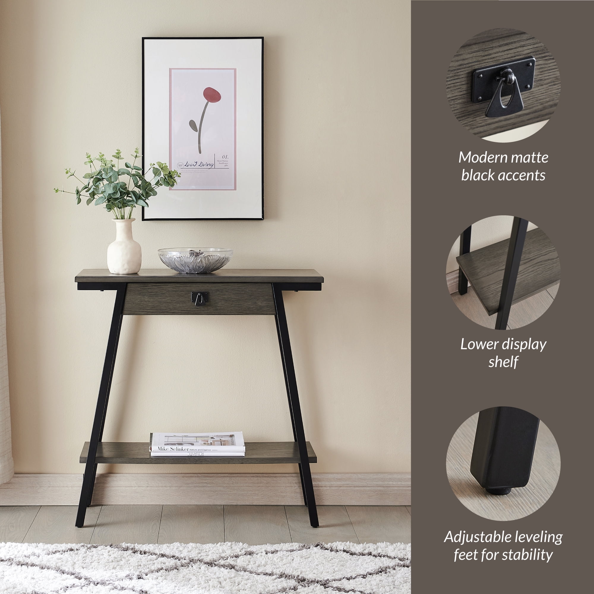 Leick Home Empiria Wood and Metal Console Table with Drawer, Gray/Matte Black